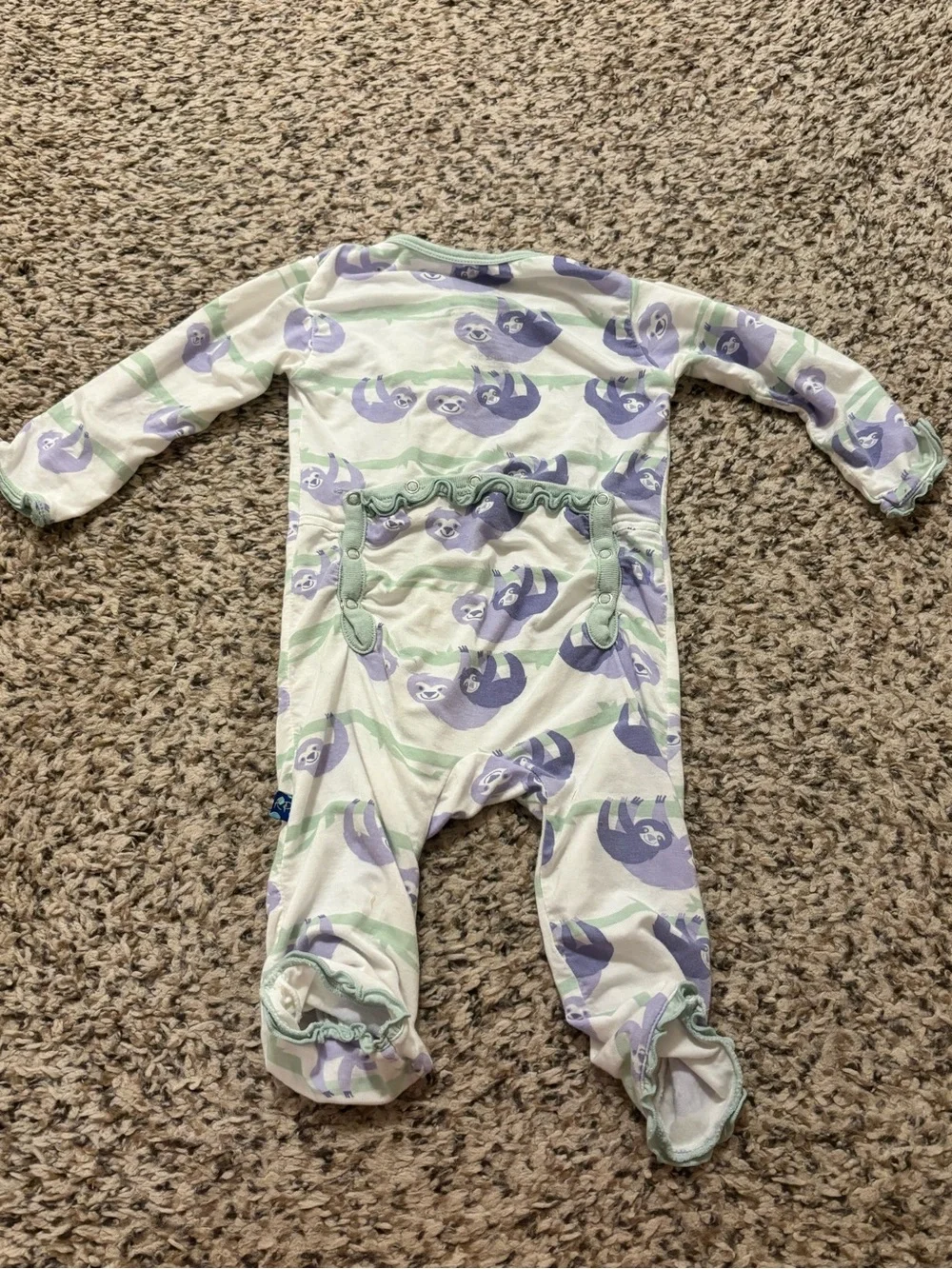 Kickee Pants Lavender Sloth Print Ruffle Footie with Mint Accents